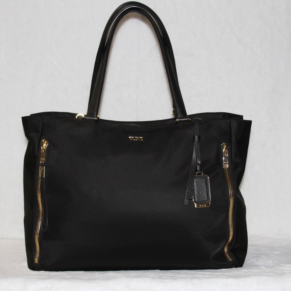 TUMI Voyageur Valetta Large Tote Bag Travel Laptop Bag Nylon Black Gold
